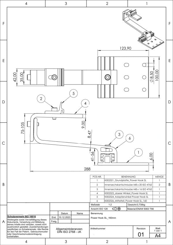 Dachhaken Aluminium 3-fach verstellbar Power Hook SL 160mm