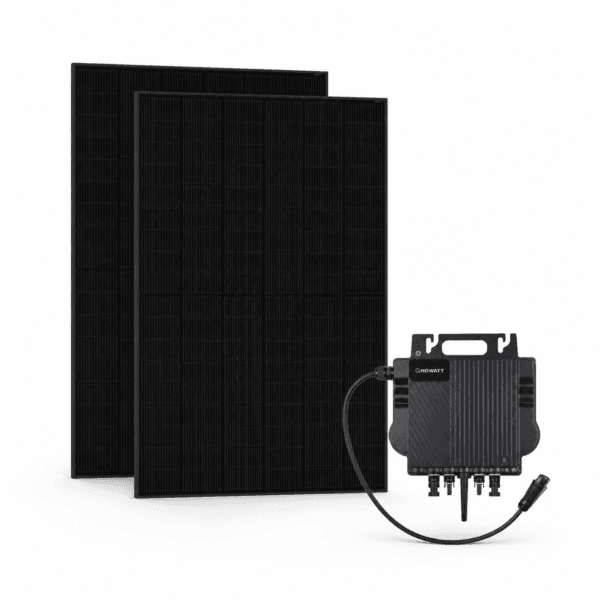 Alt-Text: Tazali Eco 800 W Balkonkraftwerk Standard-Set mit zwei JA Solar Modulen und Growatt NEO 800M-X Mikrowechselrichter